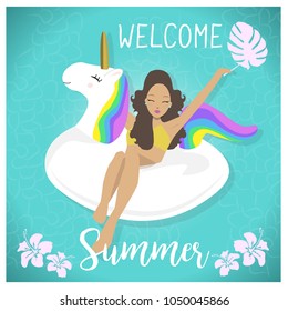 Beautiful girl and a Inflatable Donut Pool Float. Summer tropical poster/background