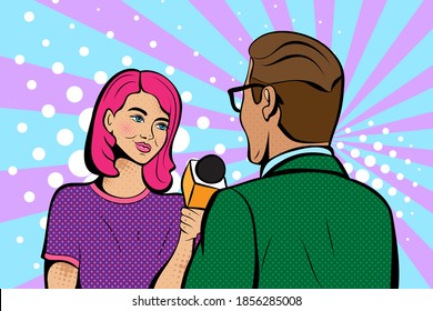 Beautiful girl interviews, journalist with microphone.   Vector background in comic style retro pop art. 