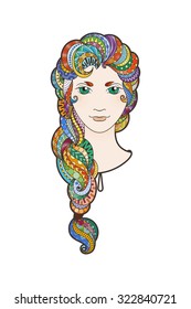 Beautiful girl with intricately patterned, zentangle braid and bright eyes. Vector portrait. Rainbow locks.