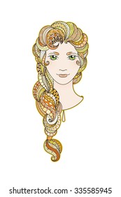 Beautiful girl with intricately patterned, zentangle braid and bright eyes. Vector portrait. Amber and gold locks.