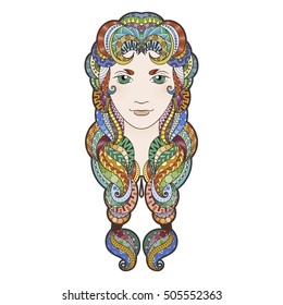 Beautiful girl with intricately patterned, zentangle braid and bright eyes. Rainbow locks.