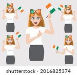 A Beautiful girl with the Irish flag. A set of fan emotions. Vector illustration in cartoon style