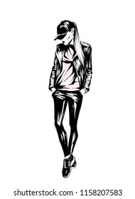 A beautiful girl in a jacket, a cap and pants. Vector illustration, fashion and style. Stylish look.