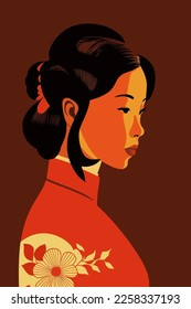 Beautiful girl in a Japanese kimono. Vector illustration. flat color cartoon style portrait poster