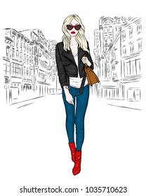 A beautiful girl in jeans, a blouse and in high-heeled shoes. A stylish woman with long hair and a bag. Fashion and style, clothing and accessories. The vector eps10.