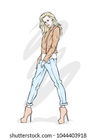 A beautiful girl in jeans, a blouse and in high-heeled shoes. A stylish woman with long hair and a bag. Fashion and style, clothing and accessories. The vector eps10.