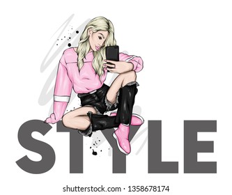 A beautiful girl in jeans and a top is sitting in a stylish inscription. Vector illustration. Clothes and accessories. Print on clothes. Fashion & Style. Fashionable look.