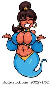 beautiful girl Jin from the lamp in a blue outfit smiling athletic figure pinup vector illustration