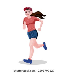 beautiful girl jogging wearing runner clothes.Red shirt, blue shoes and pants.vector illustration isolated on white background