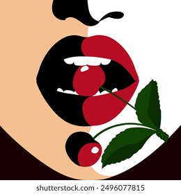 Hermosa chica con cereza jugosa en dientes blancos en estilo minimalista. Tema de feminidad, erotismo, salud dental, belleza, maquillaje, cosmética, cuidado facial. Ilustración vectorial