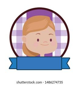 Beautiful girl kid smiling face and head cartoon round emblem with blank ribbon banner ,vector illustration graphic design.