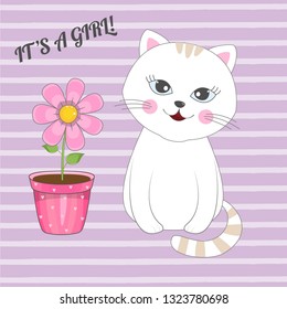 Beautiful girl kitten with flower on a background with pink stripes. Greeting card. Vector illustration.