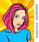 Beautiful girl with lagge blue eyes and pink hair, pop art portrait, vector illustration