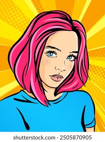 Hermosa chica con grandes ojos azules y cabello rosa, retrato de arte pop, Ilustración vectorial