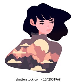 Beautiful girl. Landscape with mointains  and sun. Vector illustration. Eps 10.