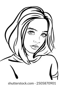 Beautiful girl with large wide open eyes, pop art portrait, vector illustration, outline