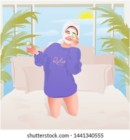 Beautiful girl laughing and relaxing at home making spa. Tropical interior, sunny weather, spa day, woman in bed, happy woman.