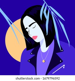 Beautiful girl in a leather jacket at night under the moonlight. A mysterious woman at night thinks and dreams under the moon. Modern design for presentations, printing, flyers, cover, poster, sites.