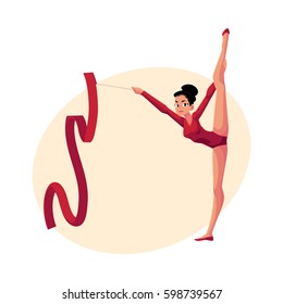 Beautiful girl in leotard standing in vertical leg split, rhythmic gymnastics with ribbon, cartoon vector illustration with place for text. Rhythmic gymnast exercising with ribbon