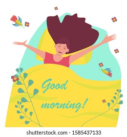 Beautiful girl lies in bed. Young woman stretches up, spread her arms to the side. Brunette with closed eyes and long hair smiles. Hair scattered across the pillow. Vector flat cartoon illustration.