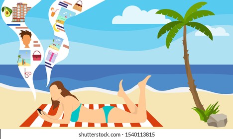 Beautiful girl lies on the beach with a smartphone in her hand. Searching the Internet. Vector, cartoon illustration of chatting chat concept. 