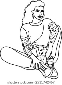 Beautiful girl in linear style. Female portrait, sitting on a floor. Cool attitude. 