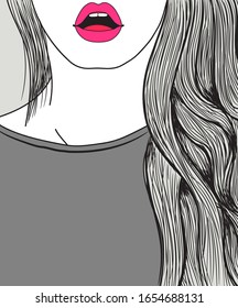 Beautiful girl lips and hair graphic drawing art.