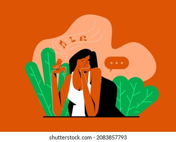 Beautiful Girl Listening In To Bird Song Conceptual Flat Illustration. Creative Simple Flat Illustration.