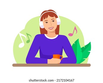Beautiful girl listening to music with headphones. Vector illustration