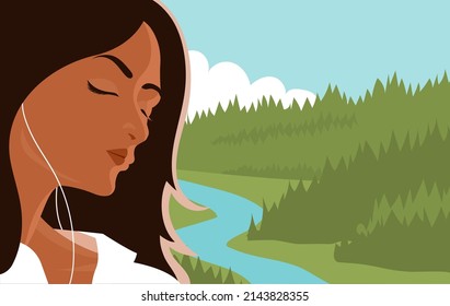 Beautiful girl listens to music with headphones. Loose hair and closed eyes. Sound of nature. Calm relaxing forest landscape background. Vector illustration