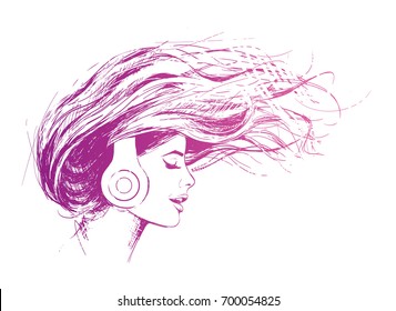 Beautiful girl listens to music on headphones, the wind develops her hair ... Sketch