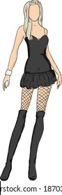 Beautiful girl in a little black dress and fishnet stockings, simple bright fashion illustration, vector