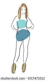 Beautiful girl in a little blue dress, simple bright fashion illustration, vector