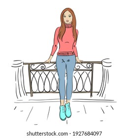 Beautiful girl in a little blue dress, simple bright fashion illustration, vector