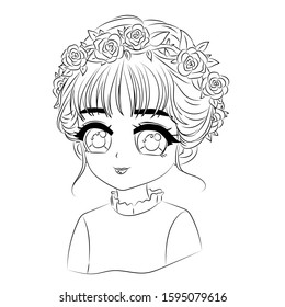 beautiful girl. Little bride. An elegant girl with a collar of roses on her head - coloring page