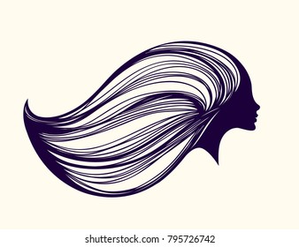 Beautiful girl with long, big volume hair flowing in the wind.Vector illustration.