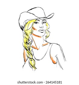 Beautiful girl with a long braid in the hat