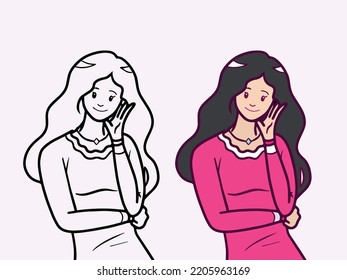 Beautiful girl with long curly black hair and pink dress. Torso bust up posing character vector illustration with clean line art and flat color