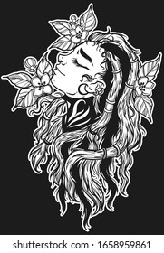 Beautiful girl with long dreadlocks. Vector.