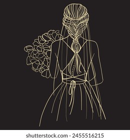 beautiful girl in a long dress and a bouquet of roses in a linear style