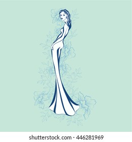 Beautiful girl in a long dress. Fashion silhouette. Vector illustration. 