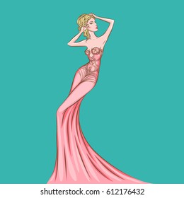 Beautiful girl in a long dress. Vector illustration