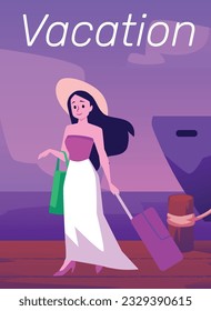 Beautiful girl with long flowing hair in hat with suitcase near the ship's pier. Cruise vacation concept. Flat hand drawn cartoon vector illustration. Voyage tourist vacation or weekends spend on