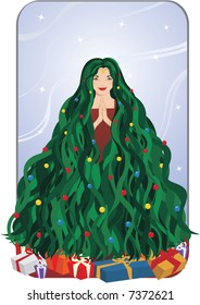 Beautiful girl with long green hair shaped like a christmas tree with decorations and presents, a blue sky background and the wind blowing with stars.