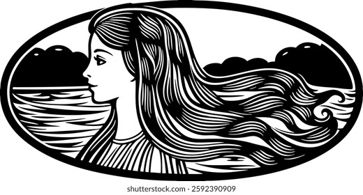 Beautiful girl with long hair against the background of the sea and clouds, black and white