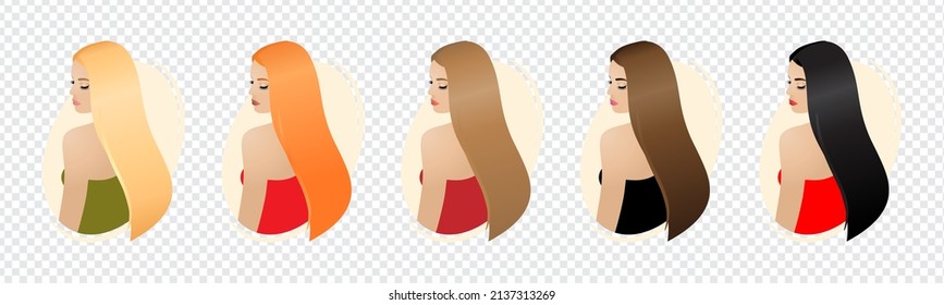 Beautiful girl with long hair back view. Blonde, brunette, redhead. Set of isolated vector illustrations on a transparent background