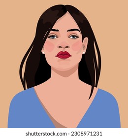 Beautiful girl with long hair in in a bare shoulder in a blue blouse. Avatar for a social network. fashion illustration isolated on background.