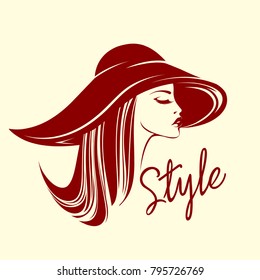 Beautiful girl with long hair and bold makeup, wearing an elegant hat.Style and beauty vector illustration.