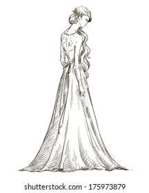 Beautiful girl with long hair. Bride. Bridal dress. hand drawn. vector.