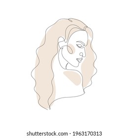 Beautiful girl with long hair. Hair care. Drawn with one line. Side view.